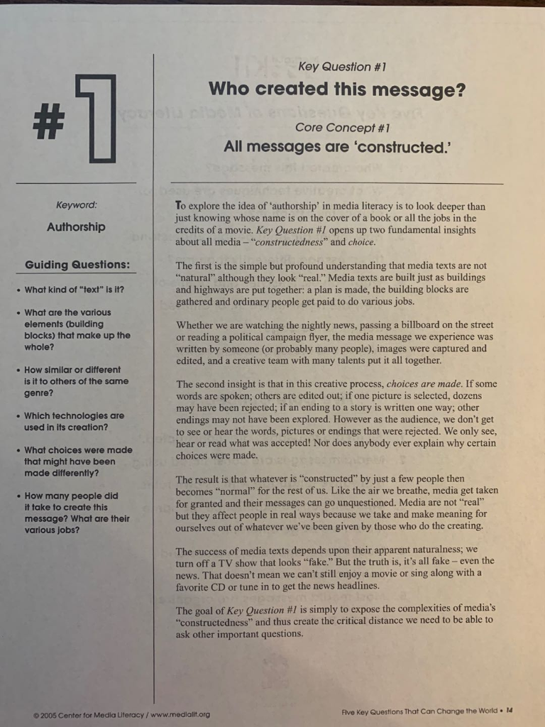 In the Media Literacy document, Pick TWO Core