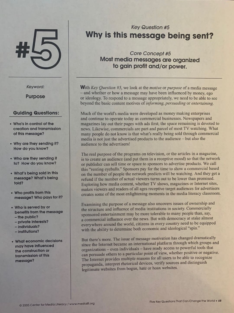 In the Media Literacy document, Pick TWO Core