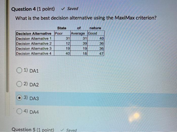 Question 4 (1 point) Saved What is the best