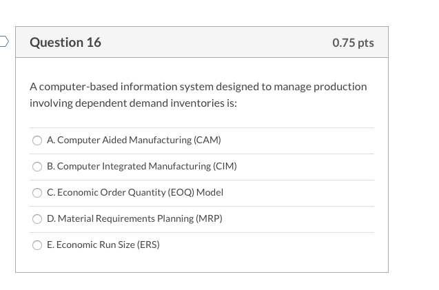 Question 16 0.75 pts A computer-based information