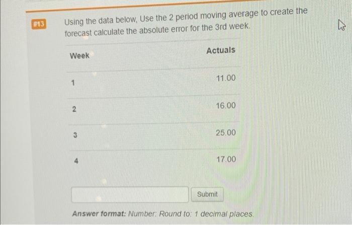 #13 Using the data below. Use the 2 period moving