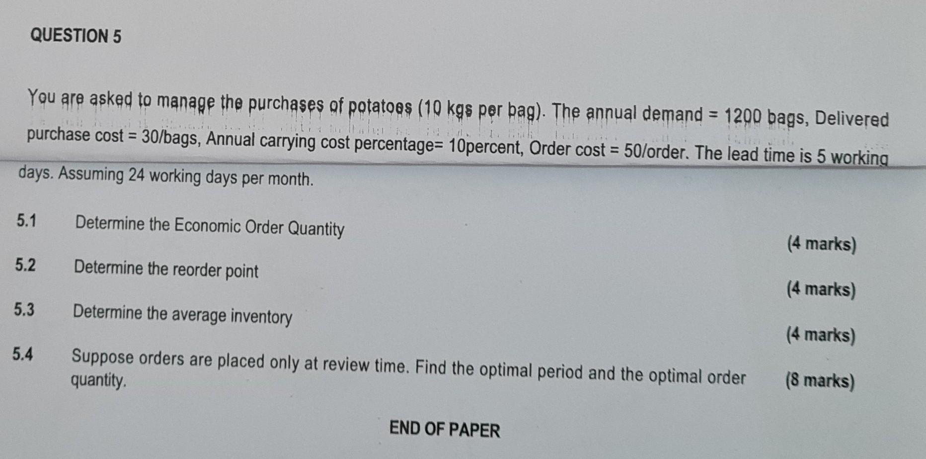 question 5.4 battling with optimal order qty