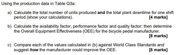 Table Q3 shows production data for one shift