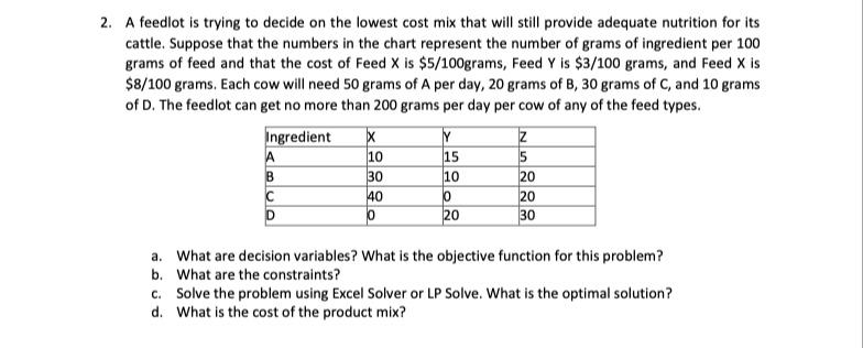 2. A feedlot is trying to decide on the lowest