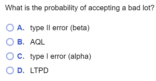 What is the probability of accepting a bad lot? O