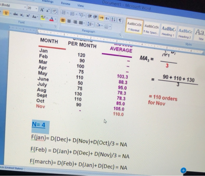 whats the wighted average if N =4 forcasting ?
