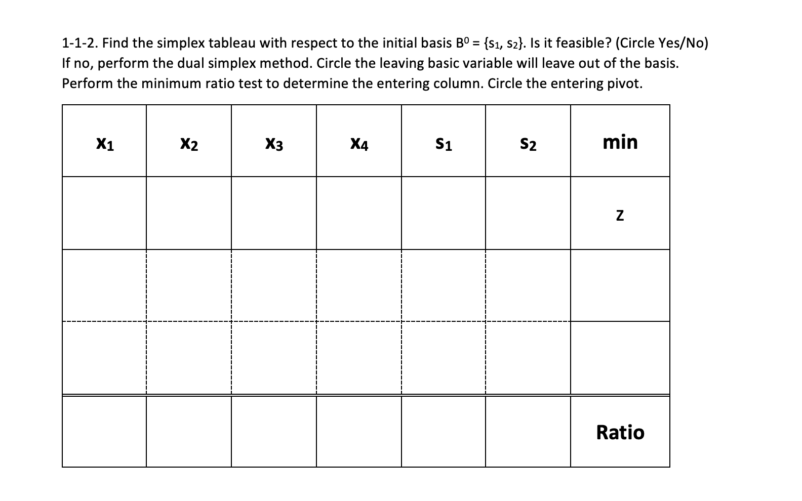 1-1-2. Find the simplex tableau with respect to