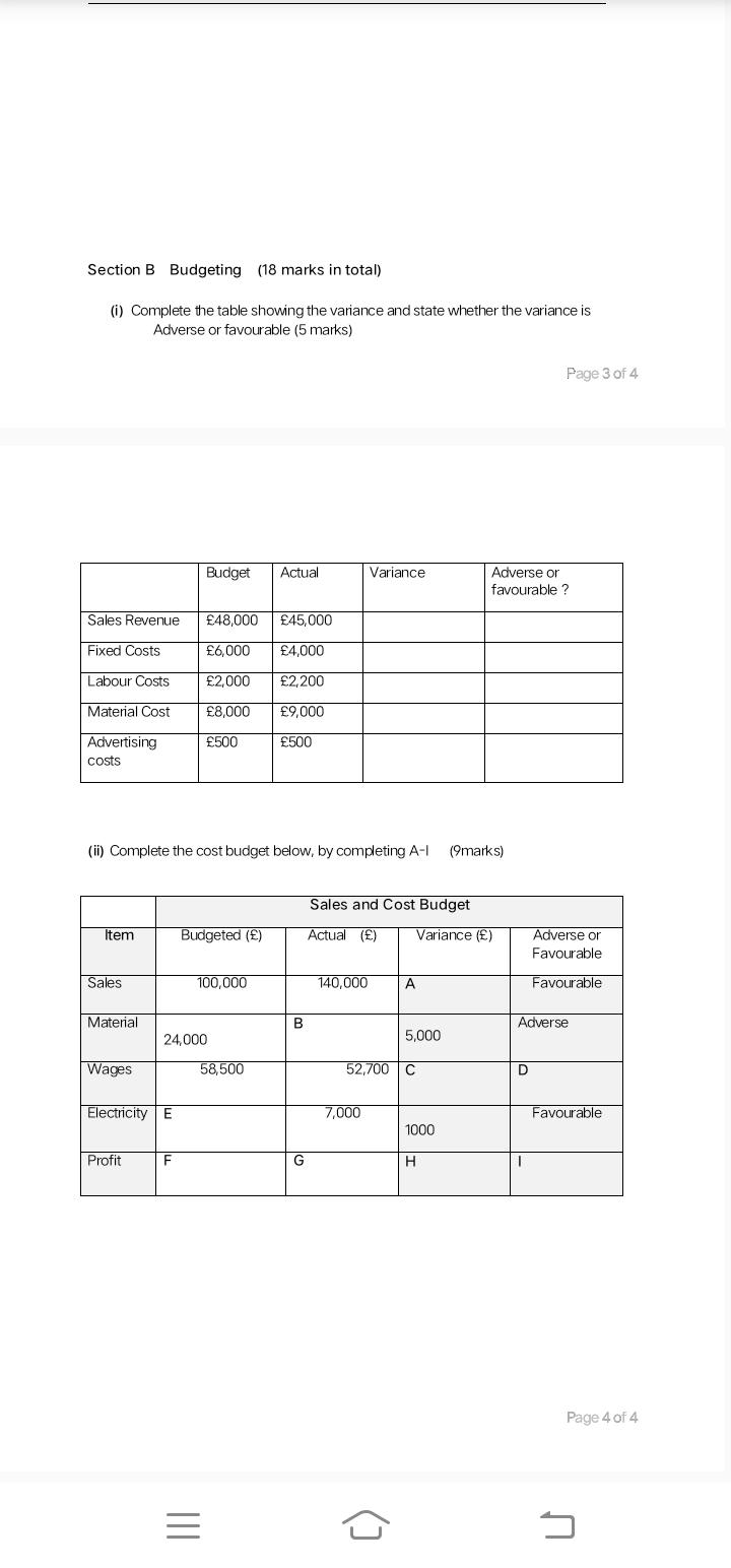 1, Complete the table showing the variance and