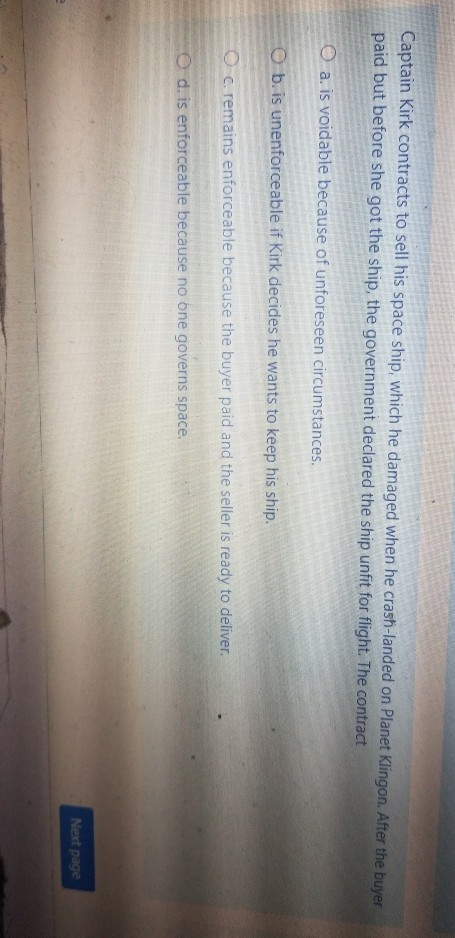 Captain Kirk contracts to sell his space ship,