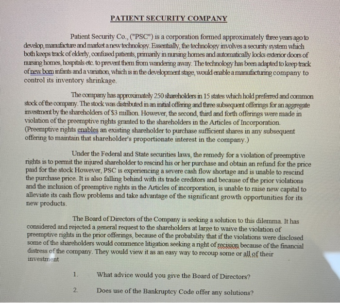 PATIENT SECURITY COMPANY Patient Security Co.,