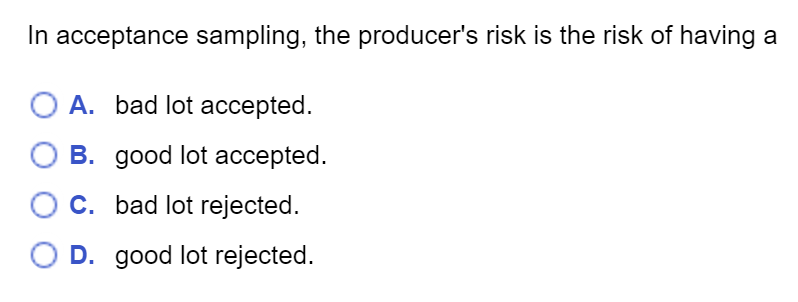 In acceptance sampling, the producer's risk is