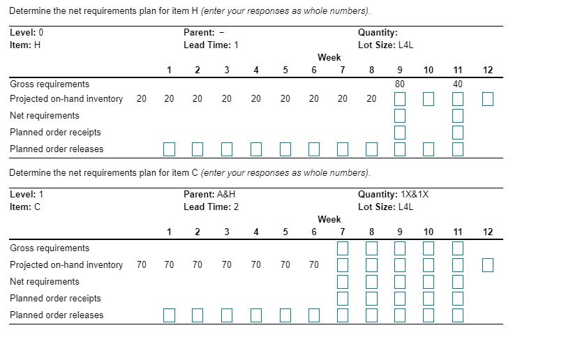 Determine the net requirements plan for item H