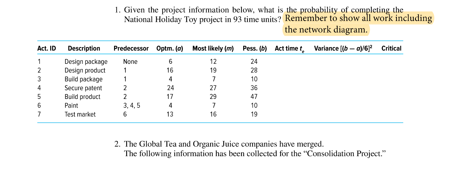 1. Given the project information below, what is