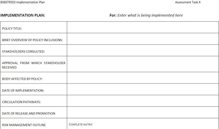 Create an IMPLEMENTATION PLAN for the below