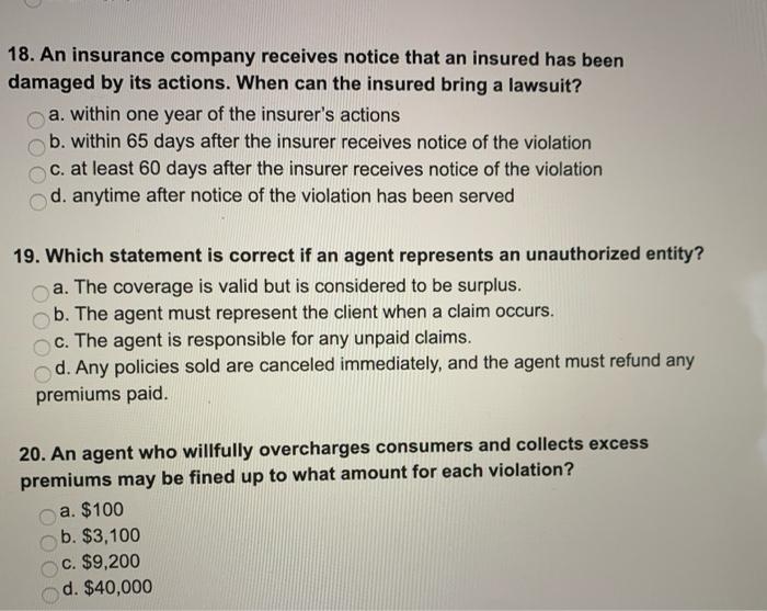 18. An insurance company receives notice that an