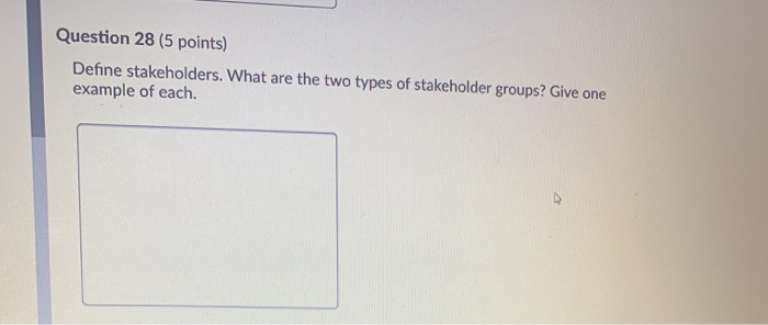 Question 28 (5 points) Define stakeholders. What