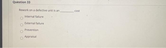 Question 33 Rework on a defective unit is an cost