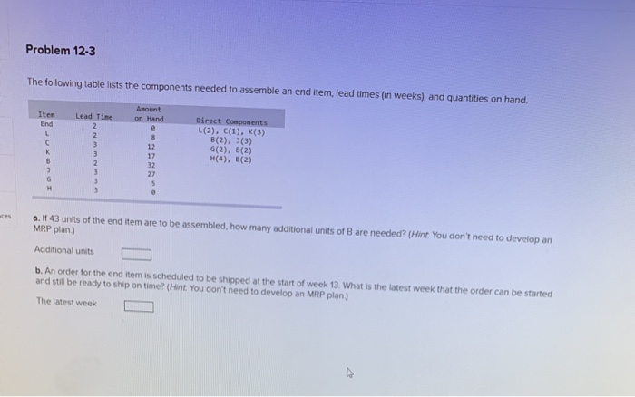 Problem 12-3 The following table lists the