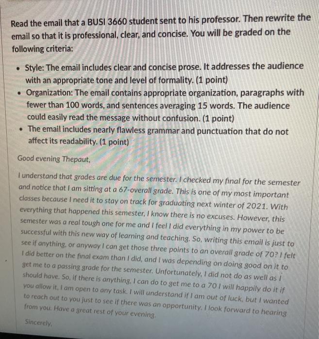 Read the email that a BUSI 3660 student sent to