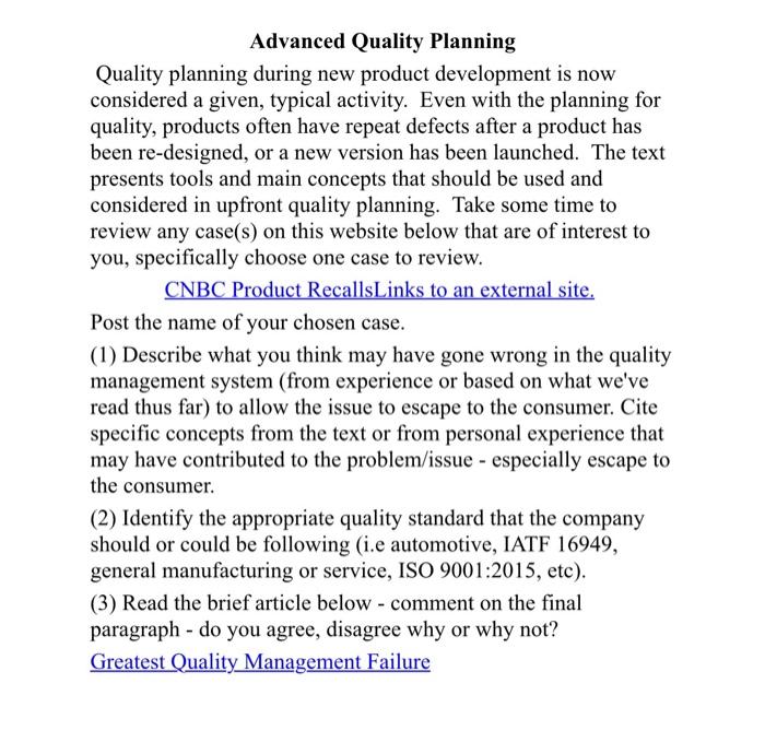 Advanced Quality Planning Quality planning during