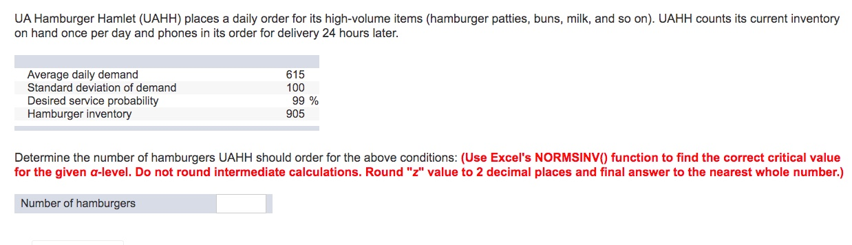 UA Hamburger Hamlet (UAHH) places a daily order