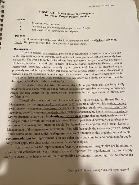 MOMT 4311. Profesor Y MGMT 4311 Human Resource