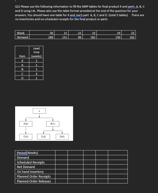 Q1) Please use the following information to fill