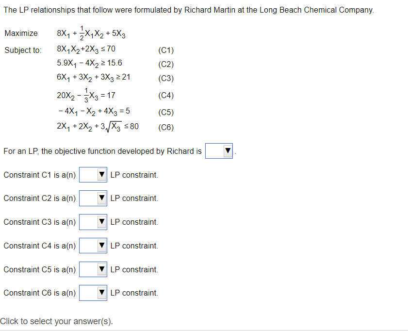 The LP relationships that follow were formulated