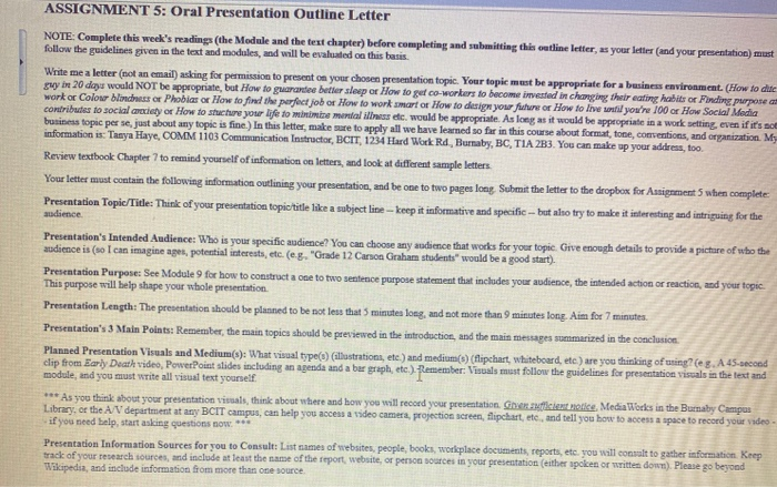 ASSIGNMENT 5: Oral Presentation Outline Letter