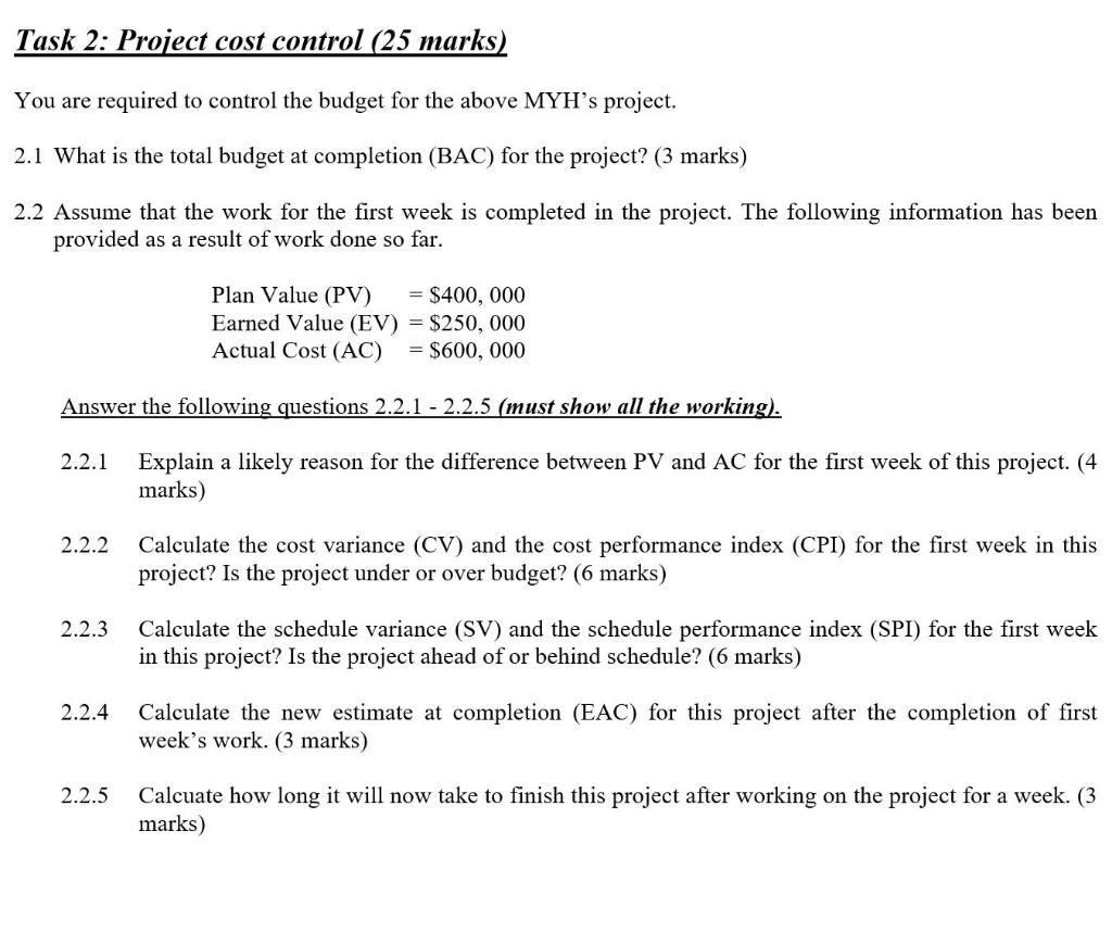 Task 2: Project cost control (25 marks) You are