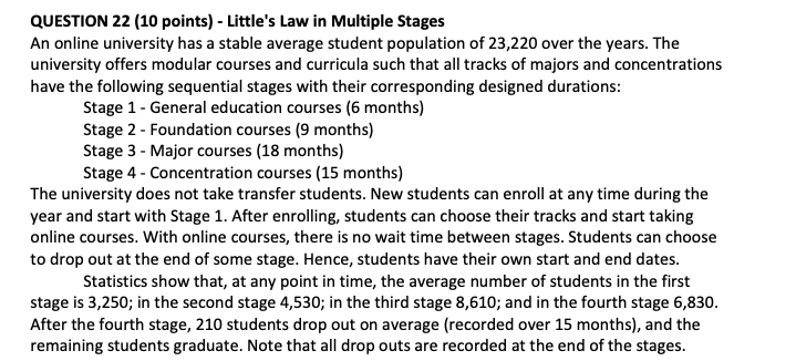 QUESTION 22 (10 points) - Little's Law in