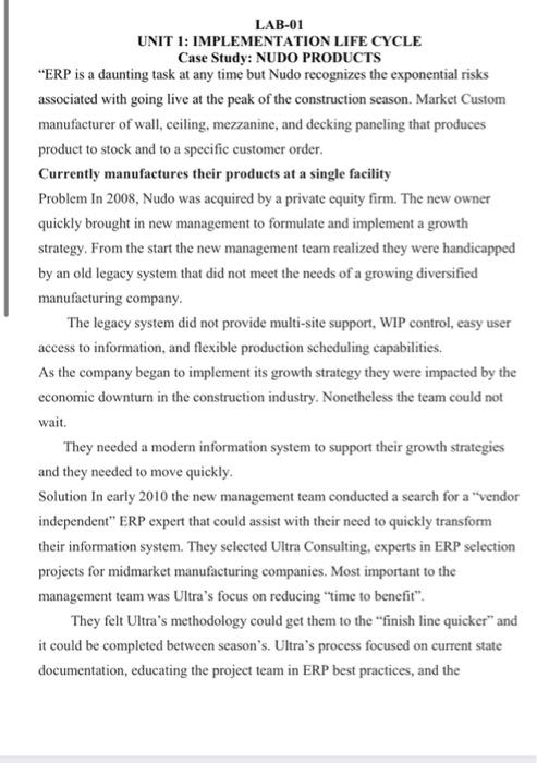 LAB-01 UNIT 1: IMPLEMENTATION LIFE CYCLE Case