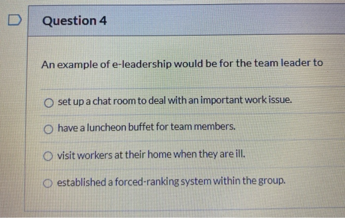 Question 4 An example of e-leadership would be