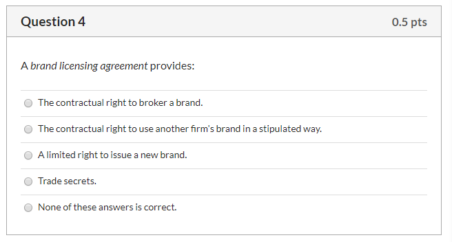 Question 4 0.5 pts A brand licensing agreement