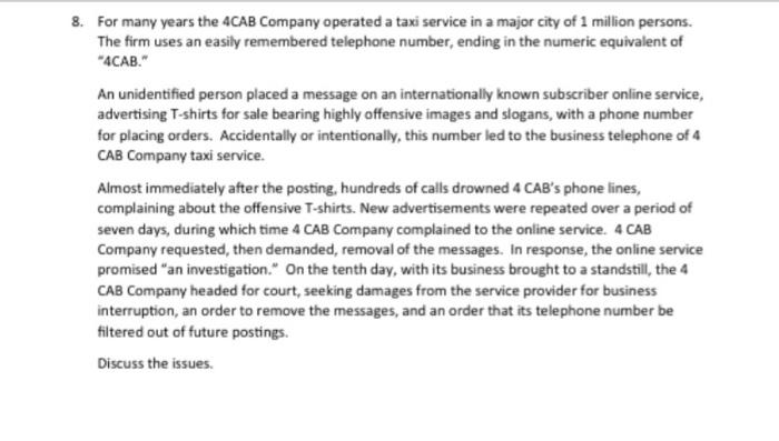 8. For many years the 4CAB Company operated a