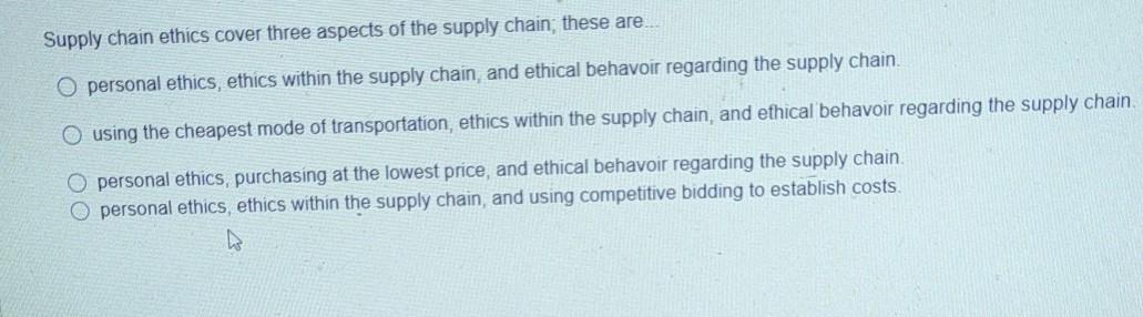answer asap Supply chain ethics cover three