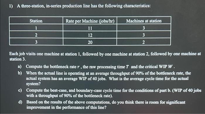1) A three-station, in-series production line has