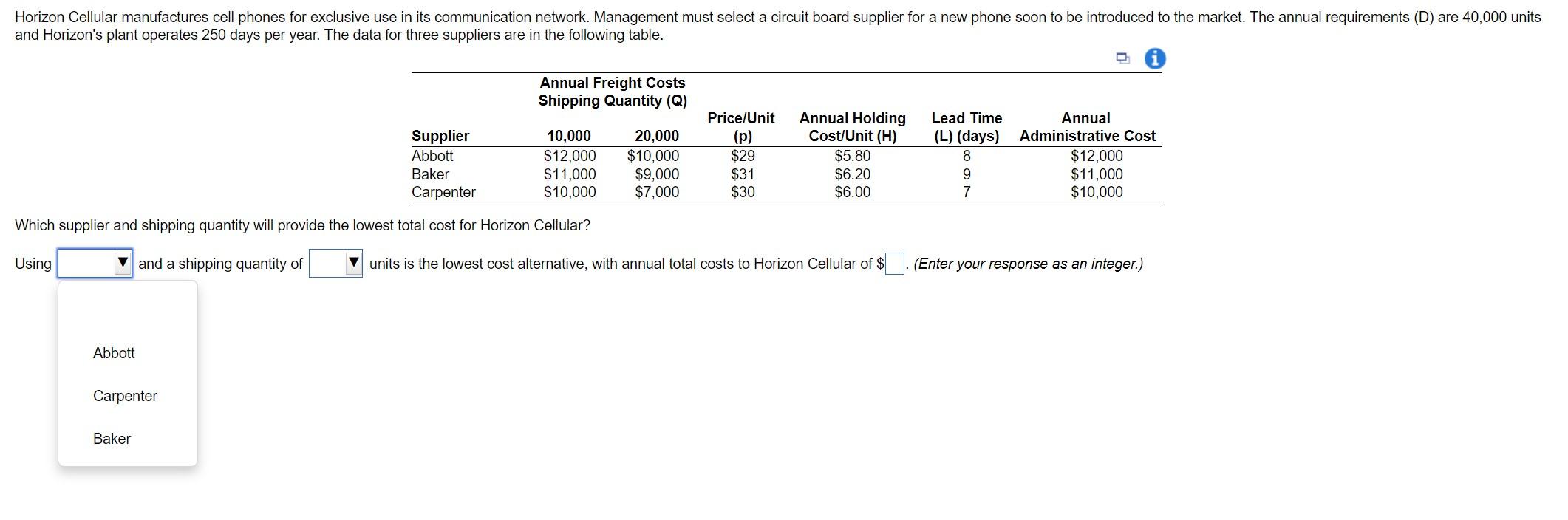 Which supplier and shipping quantity will provide
