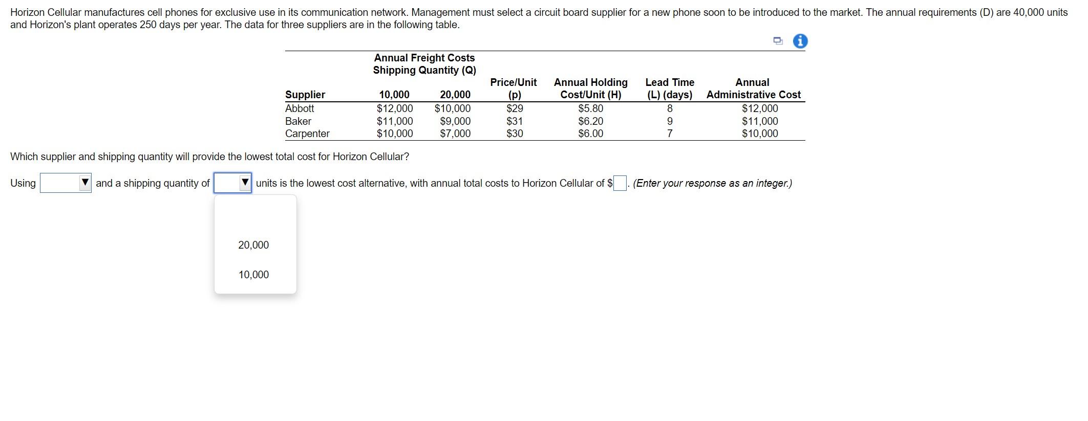 Which supplier and shipping quantity will provide