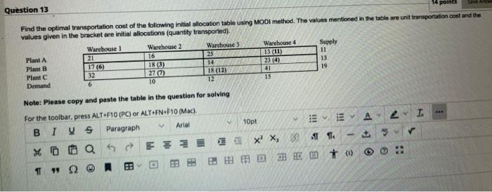 14 points Question 13 Find the optimal