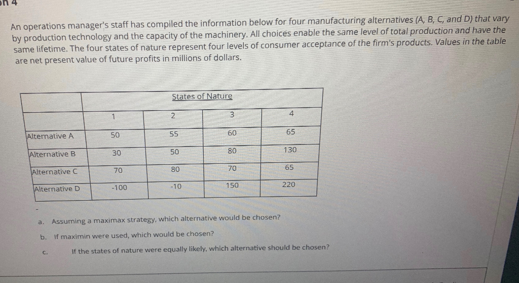 An operations manager's staff has compiled the