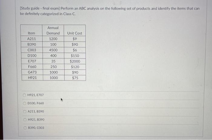(Study guide - final examPerform an ABC analysis