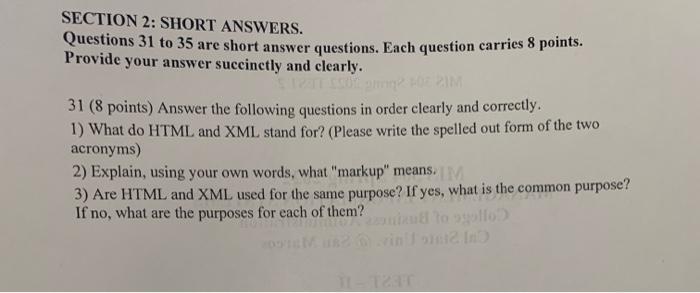 SECTION 2: SHORT ANSWERS. Questions 31 to 35 are