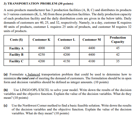 3) TRANSPORTATION PROBLEM (30 points) A