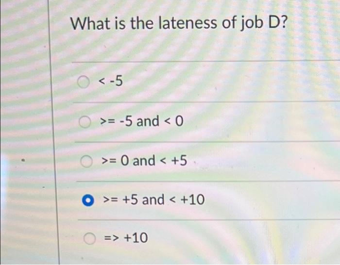 Job Sequence Processing Time Due Date A 5 10 B 7