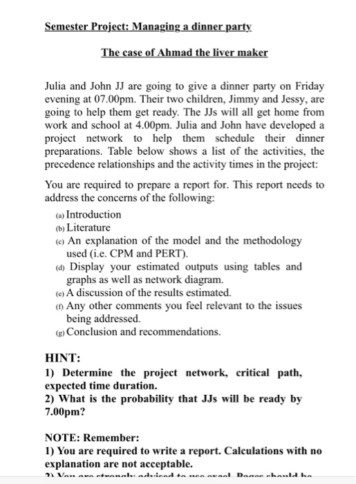 Semester Project: Managing a dinner party The