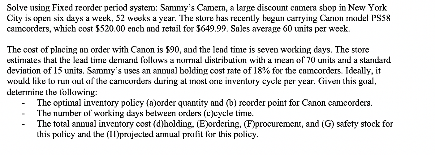 Please show formulas. Solve using Fixed reorder