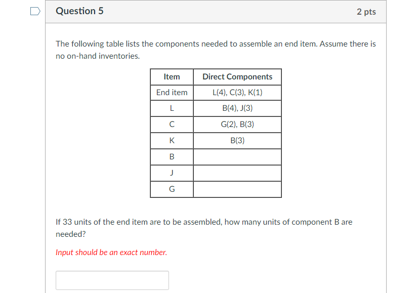 Question 5 2 pts The following table lists the