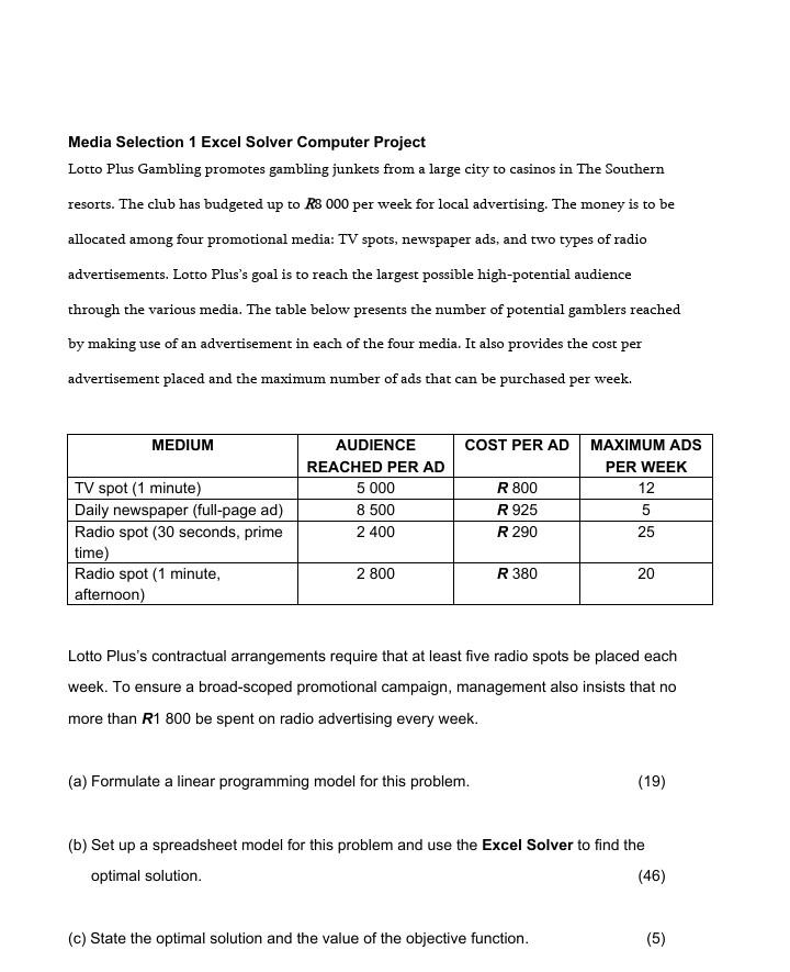 Media Selection 1 Excel Solver Computer Project