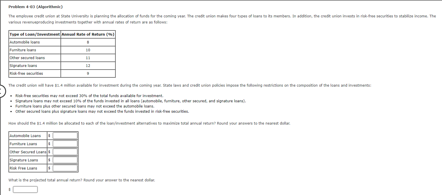 Problem 4-03 (Algorithmic) The employee credit